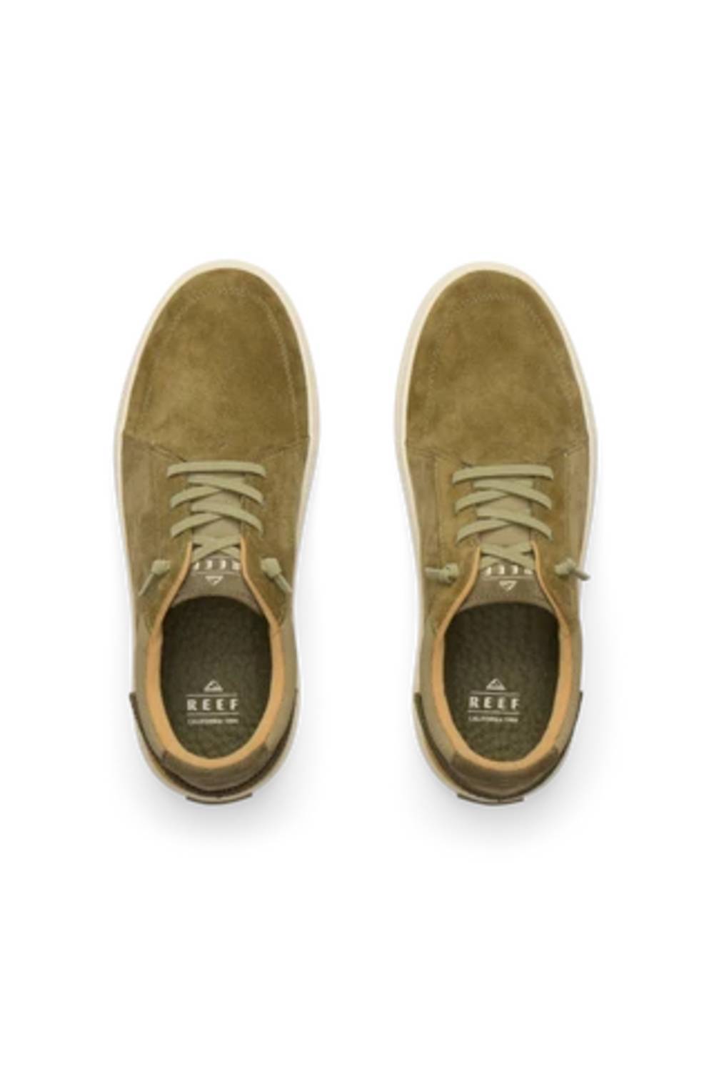 A pair of olive green suede low-top sneakers shown from a top-down view on a white background. The brand name 'REEF' is visible on the insoles.
