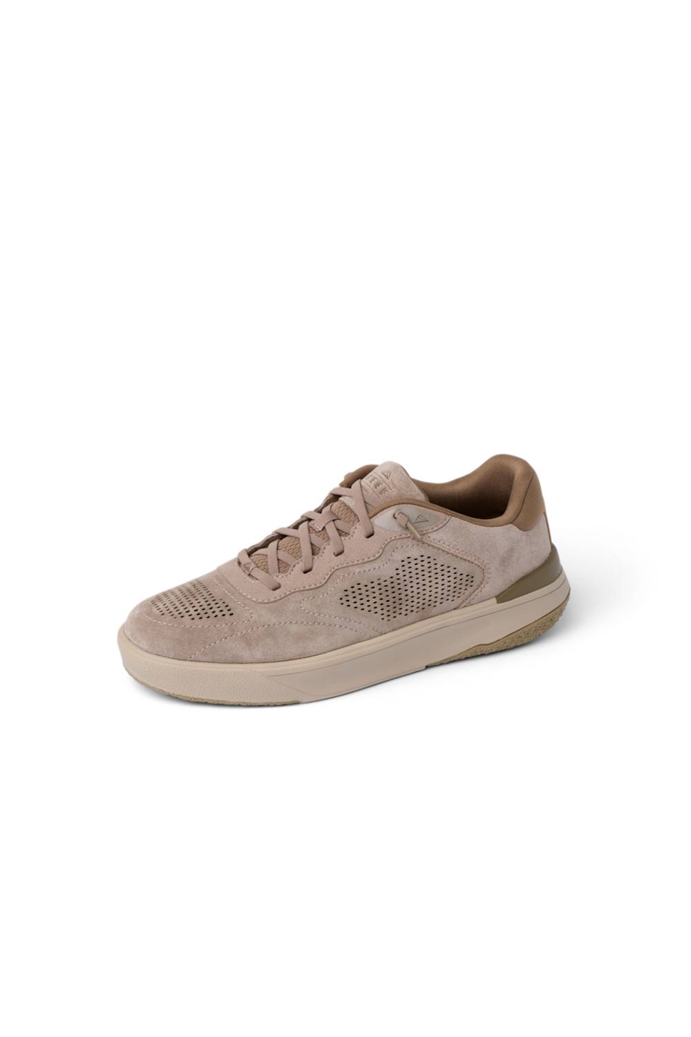 A single low-top sneaker in a light taupe-beige suede and mesh material, shown from a three-quarters angle on a plain white background.