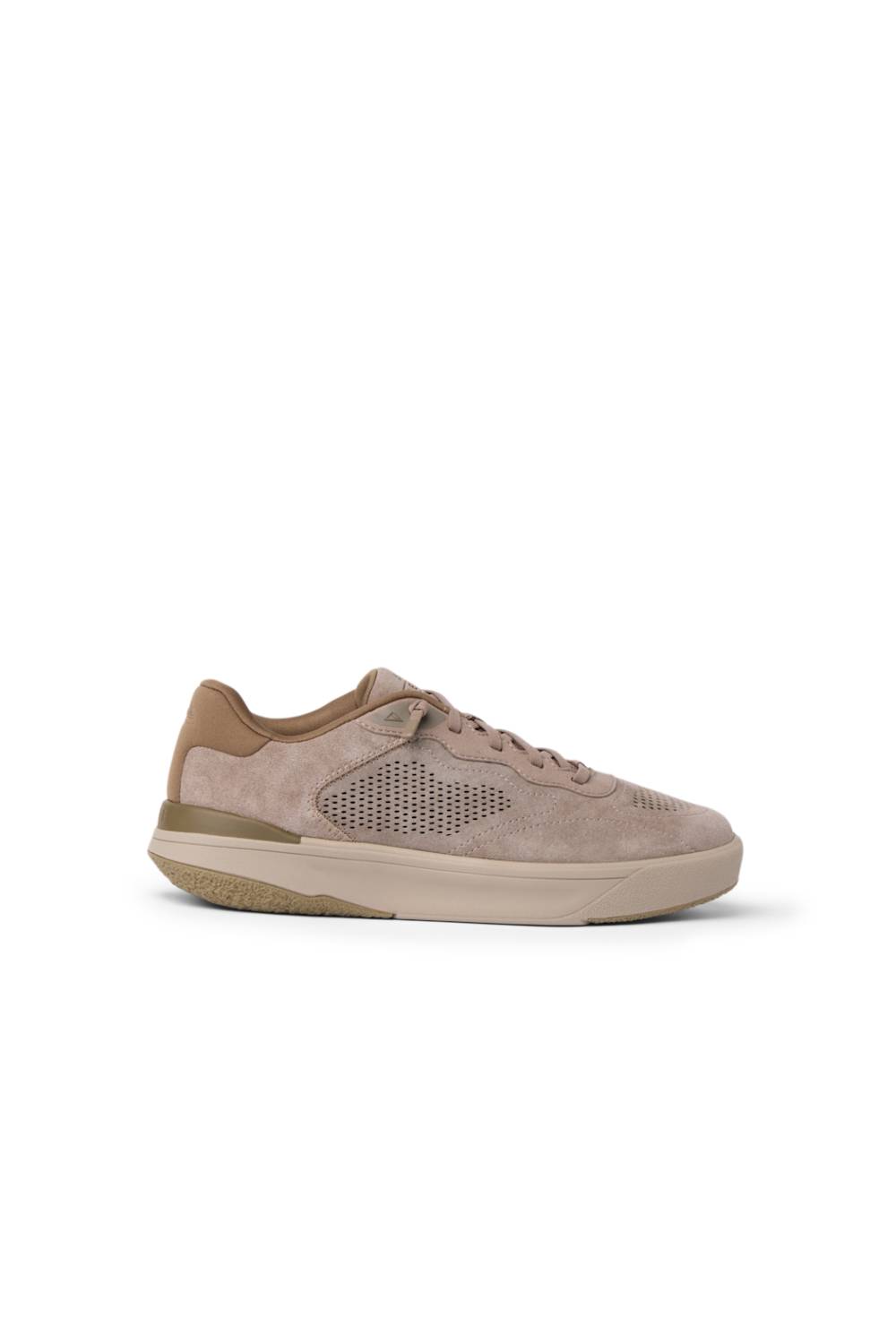 A single low-top sneaker in a light taupe suede and mesh material with a matching beige sole, shown from a side profile on a white background.