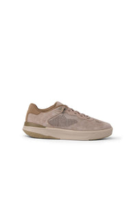 A single low-top sneaker in a light taupe suede and mesh material with a matching beige sole, shown from a side profile on a white background.