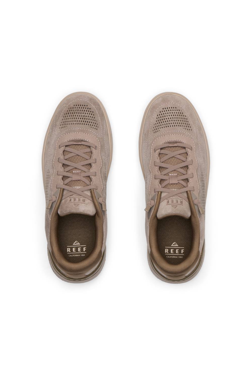 A pair of beige Reef sneakers shown from a top-down view on a clean white background.