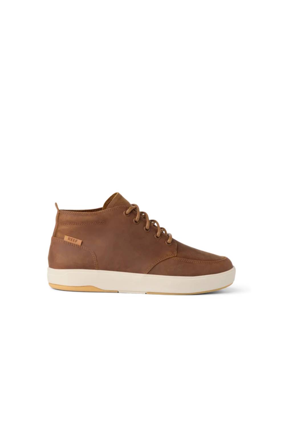 A brown leather mid-top sneaker with matching brown laces, a cream-colored midsole, and a small tan brand tag on the heel, shown from a side profile against a white background.