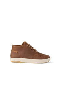 A brown leather mid-top sneaker with matching brown laces, a cream-colored midsole, and a small tan brand tag on the heel, shown from a side profile against a white background.