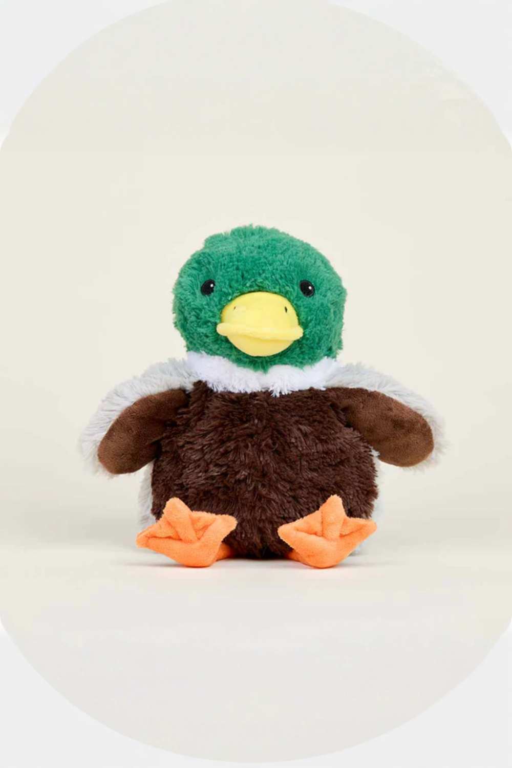 A plush stuffed duck toy with a green head, yellow beak, brown body, orange feet, and a white fluffy collar, centered on a plain light background.