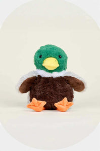 A plush stuffed duck toy with a green head, yellow beak, brown body, orange feet, and a white fluffy collar, centered on a plain light background.