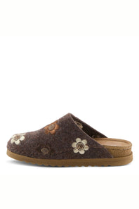 A single dark brown felt clog slipper with embroidered white and orange flowers, a cork-like midsole, and a brown rubber outsole, shown against a plain white background.