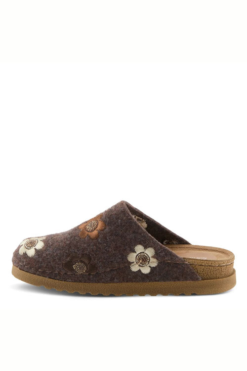 A single dark brown felt clog slipper with embroidered white and orange flowers, a cork-like midsole, and a brown rubber outsole, shown against a plain white background.