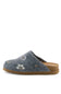 A single gray felt slip-on clog shoe with embroidered white and blue flowers on the side, featuring a brown cork-like footbed and a brown sole, shown against a plain white background.