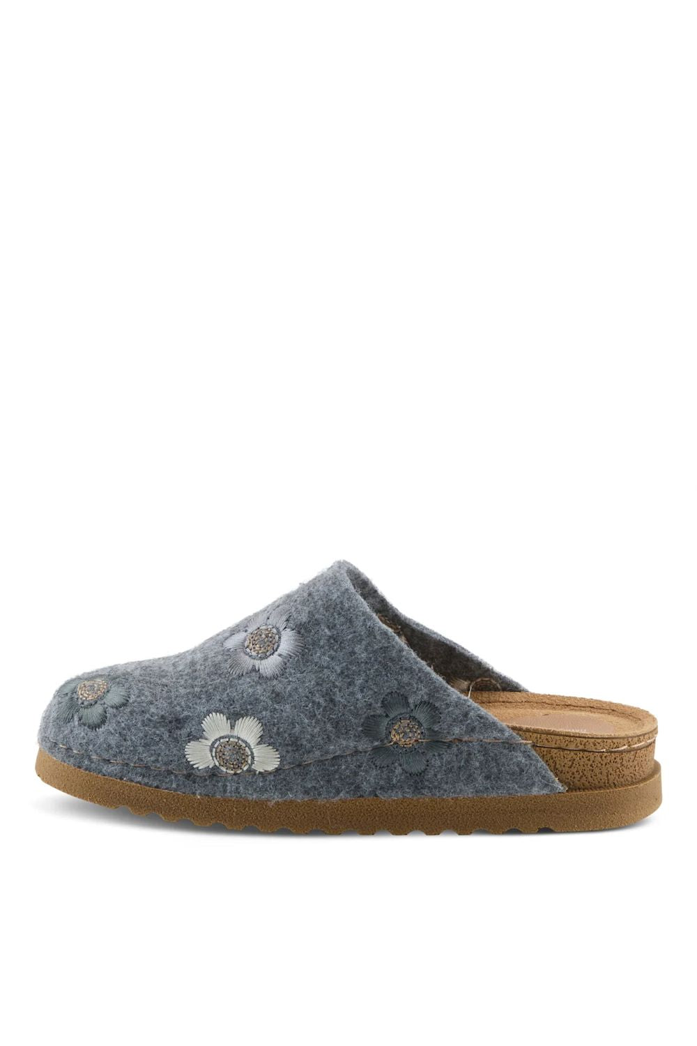 A single gray felt slip-on clog shoe with embroidered white and blue flowers on the side, featuring a brown cork-like footbed and a brown sole, shown against a plain white background.
