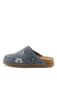A single gray felt slip-on clog shoe with embroidered white and blue flowers on the side, featuring a brown cork-like footbed and a brown sole, shown against a plain white background.