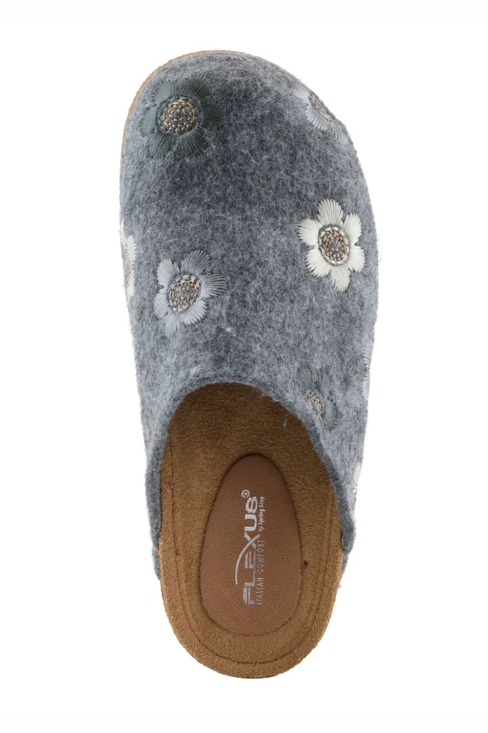 A gray felt slip-on clog shoe with embroidered white flowers and brown suede-like trim, shown from a top-down view on a white background. The insole displays the brand name 'Nexus'.