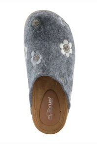 A gray felt slip-on clog shoe with embroidered white flowers and brown suede-like trim, shown from a top-down view on a white background. The insole displays the brand name 'Nexus'.
