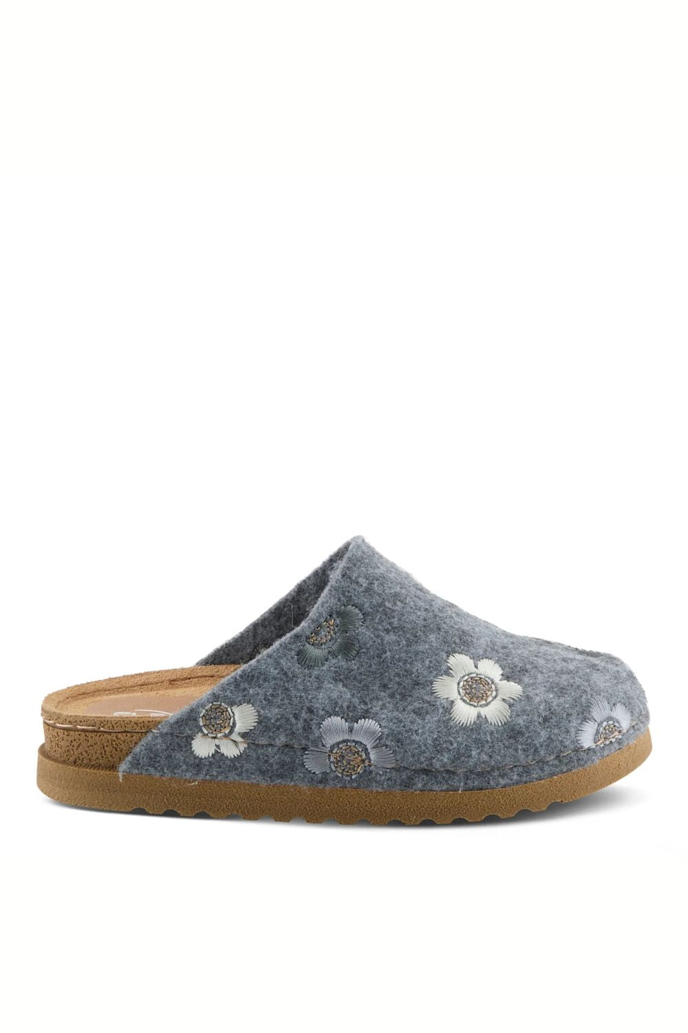 A single gray felt slip-on clog shoe with embroidered white and blue flowers, featuring a brown cork-look midsole and outsole, shown against a plain white background.