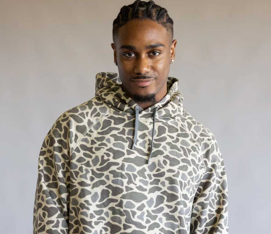 Man wearing a camouflage-patterned hoodie against a plain background