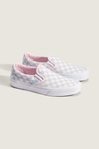 Vans Classic Slip-On Checkboard Shoes for Women in Pastel Pink/Dawn Mist; Pair of slip-on shoes with pink and blue checkered pattern on a light gray background
