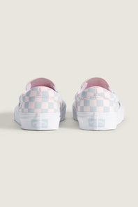 Vans Classic Slip-On Checkboard Shoes for Women in Pastel Pink/Dawn MistPair of checkered slip-on shoes on a light background 