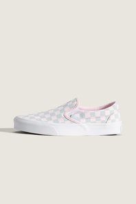 Vans Classic Slip-On Checkboard Shoes for Women in Pastel Pink/Dawn Mist; Checkered slip-on sneaker with pink accents on a white background