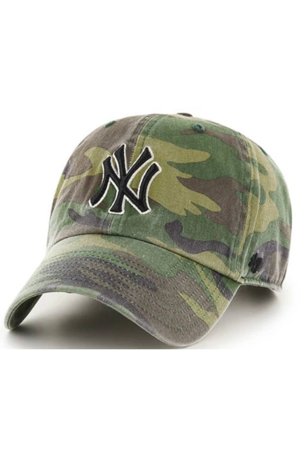 A baseball cap in a green and brown camouflage pattern, featuring a black and white embroidered New York Yankees logo on the front.