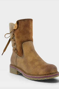A tan suede ankle boot with a pull tab, side laces, and a chunky sole with a purple accent line, shown against a light gray background.