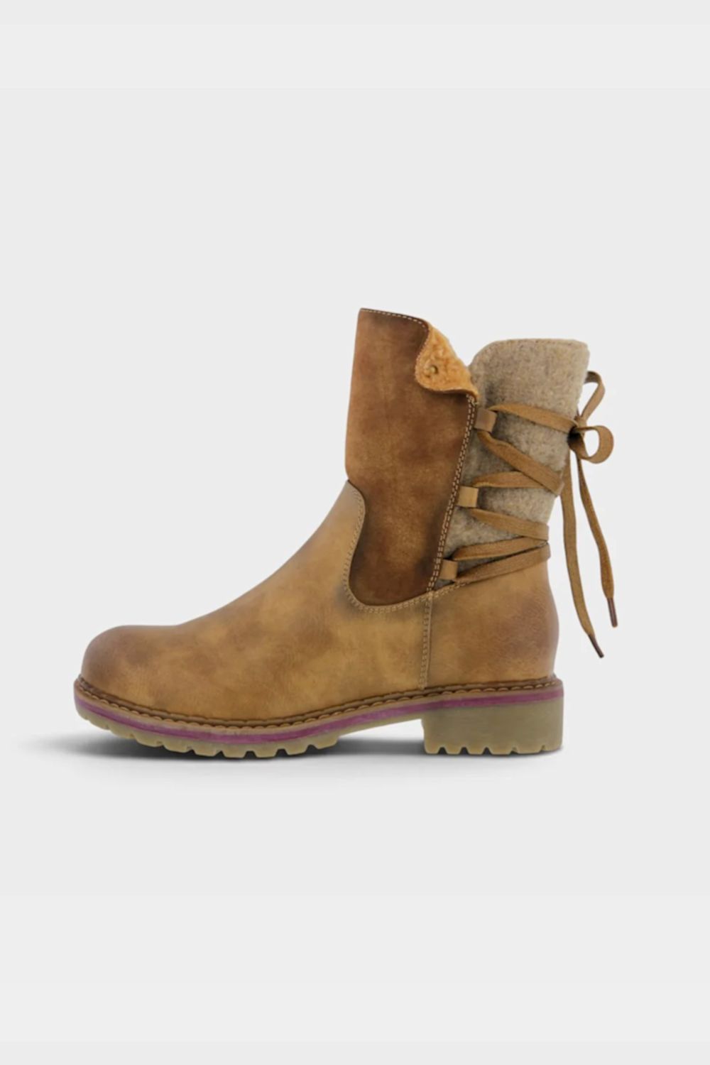 A single mid-calf ankle boot in tan suede and brown leather, featuring a beige wool-like collar, side laces, and a chunky lug sole, shown against a light gray background.