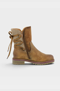 A single mid-calf ankle boot in tan leather with a side zipper, decorative lace-up detail on the side, and a chunky sole, shown against a plain light gray background.