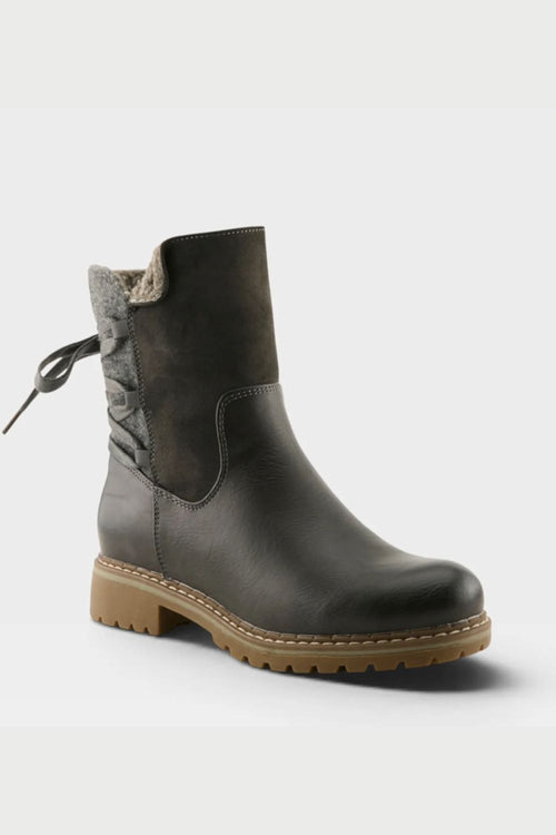 A dark gray leather ankle boot with a textured gray elastic side panel, a gray knit collar, and a brown lug sole, shown on a light gray background.