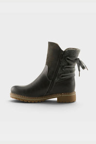 A dark brown leather ankle boot with a side zipper, decorative lace-up detail on the side, and a brown textured sole, shown against a light gray background.