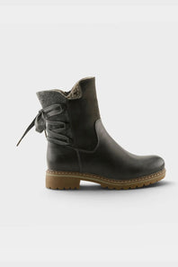 A dark brown leather ankle boot with a gray faux-fur collar, elastic side gore, and a brown laced detail on the outer side, shown against a light gray background.