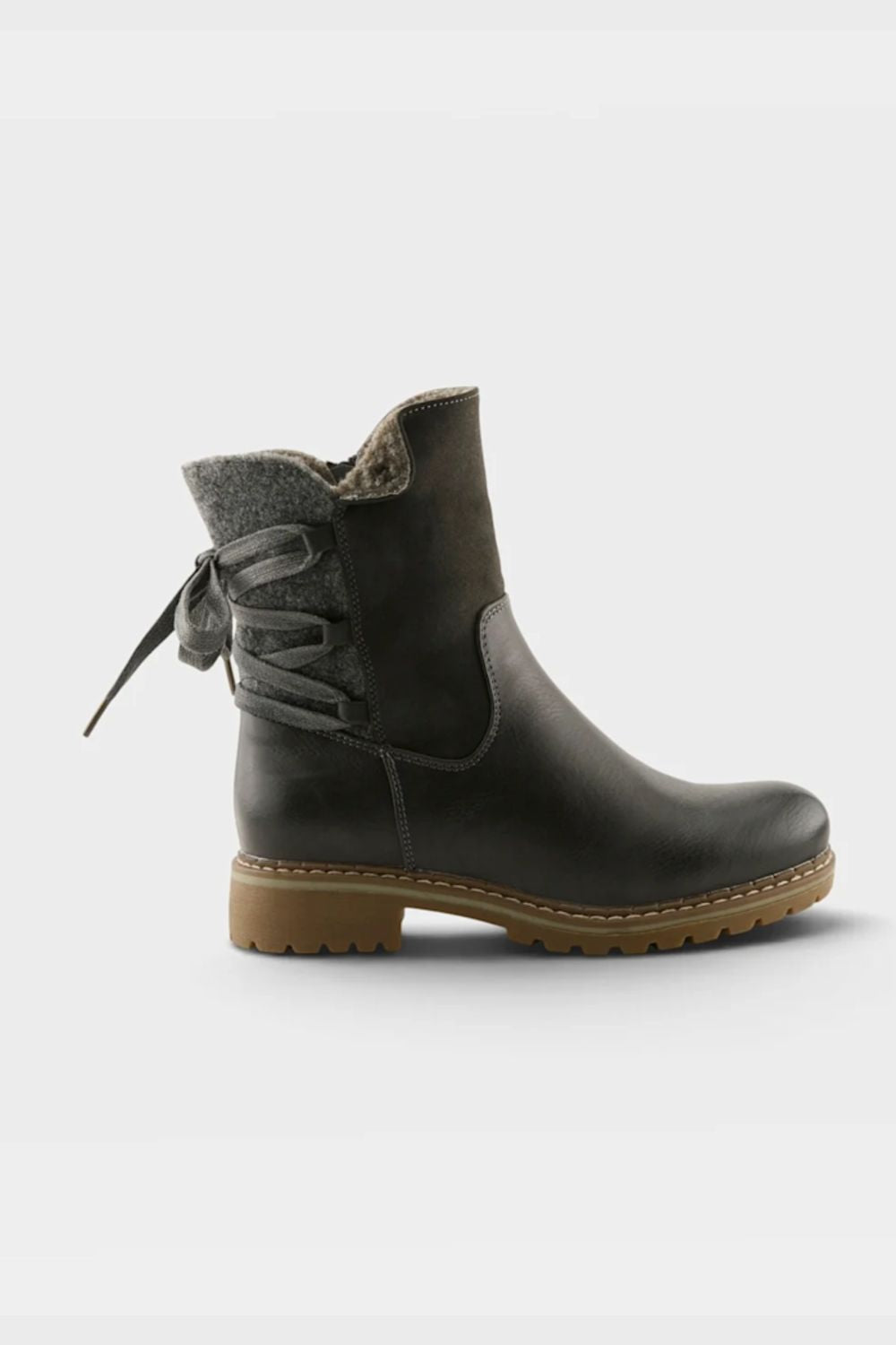 A dark brown leather ankle boot with a gray faux-fur collar, elastic side gore, and a brown laced detail on the outer side, shown against a light gray background.