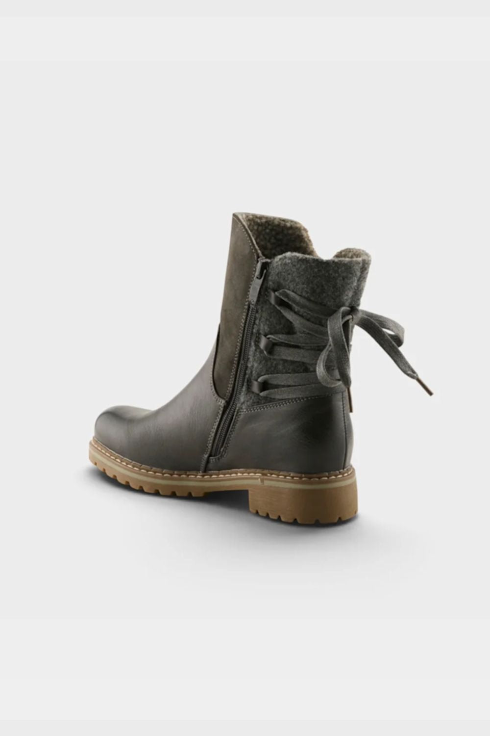 A dark brown leather ankle boot with a gray faux-fur collar, elastic side gore, and a brown laced detail on the outer side, shown against a light gray background.
