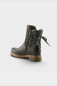 A dark brown leather ankle boot with a gray faux-fur collar, elastic side gore, and a brown laced detail on the outer side, shown against a light gray background.