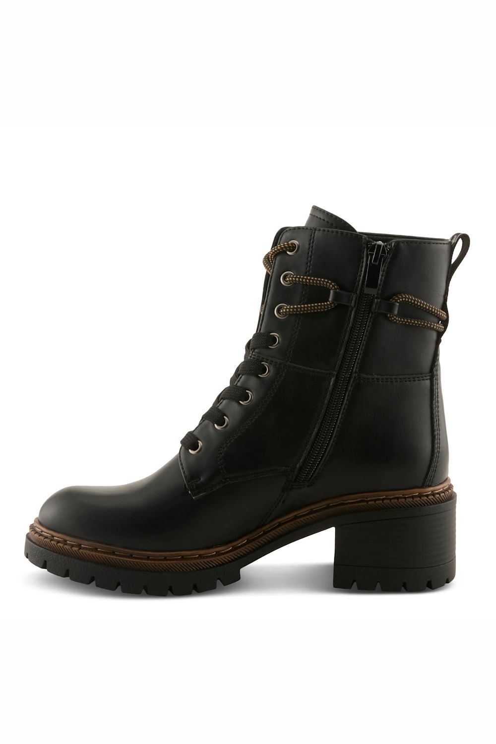A black leather lace-up ankle boot with a chunky block heel, brown sole detailing, and a side zipper, shown from a side profile on a white background.