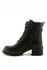 A black leather lace-up ankle boot with a chunky block heel, brown sole detailing, and a side zipper, shown from a side profile on a white background.