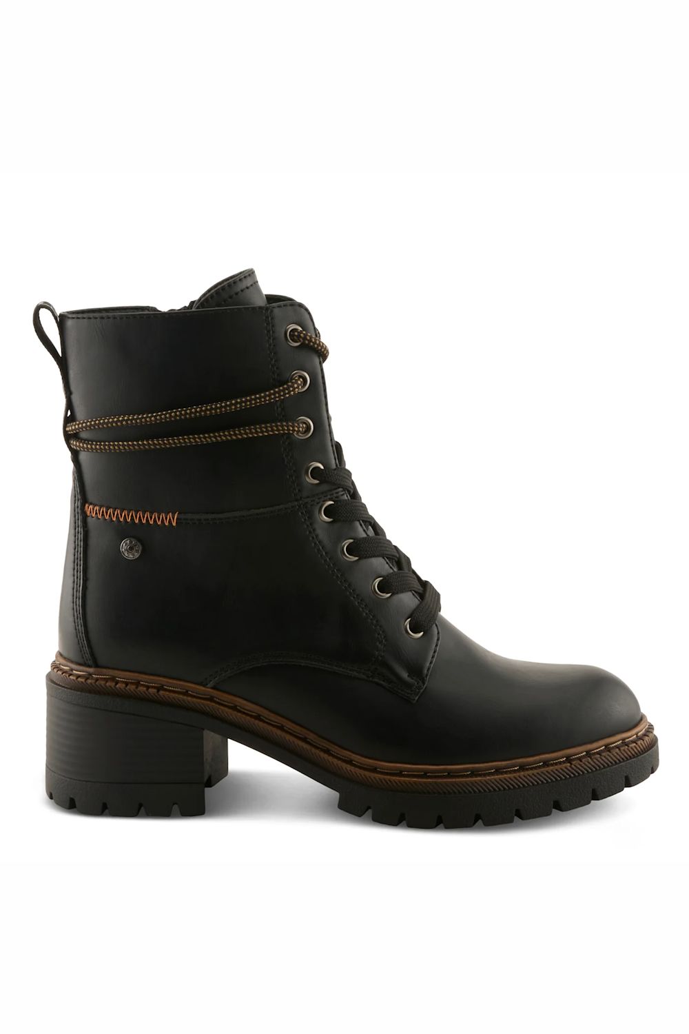 A black leather lace-up ankle boot with a chunky block heel, brown welt stitching, and a pull tab, shown from a side profile on a white background.