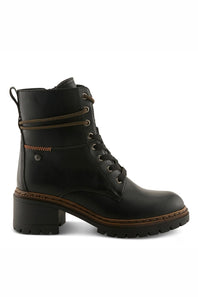 A black leather lace-up ankle boot with a chunky block heel, brown welt stitching, and a pull tab, shown from a side profile on a white background.