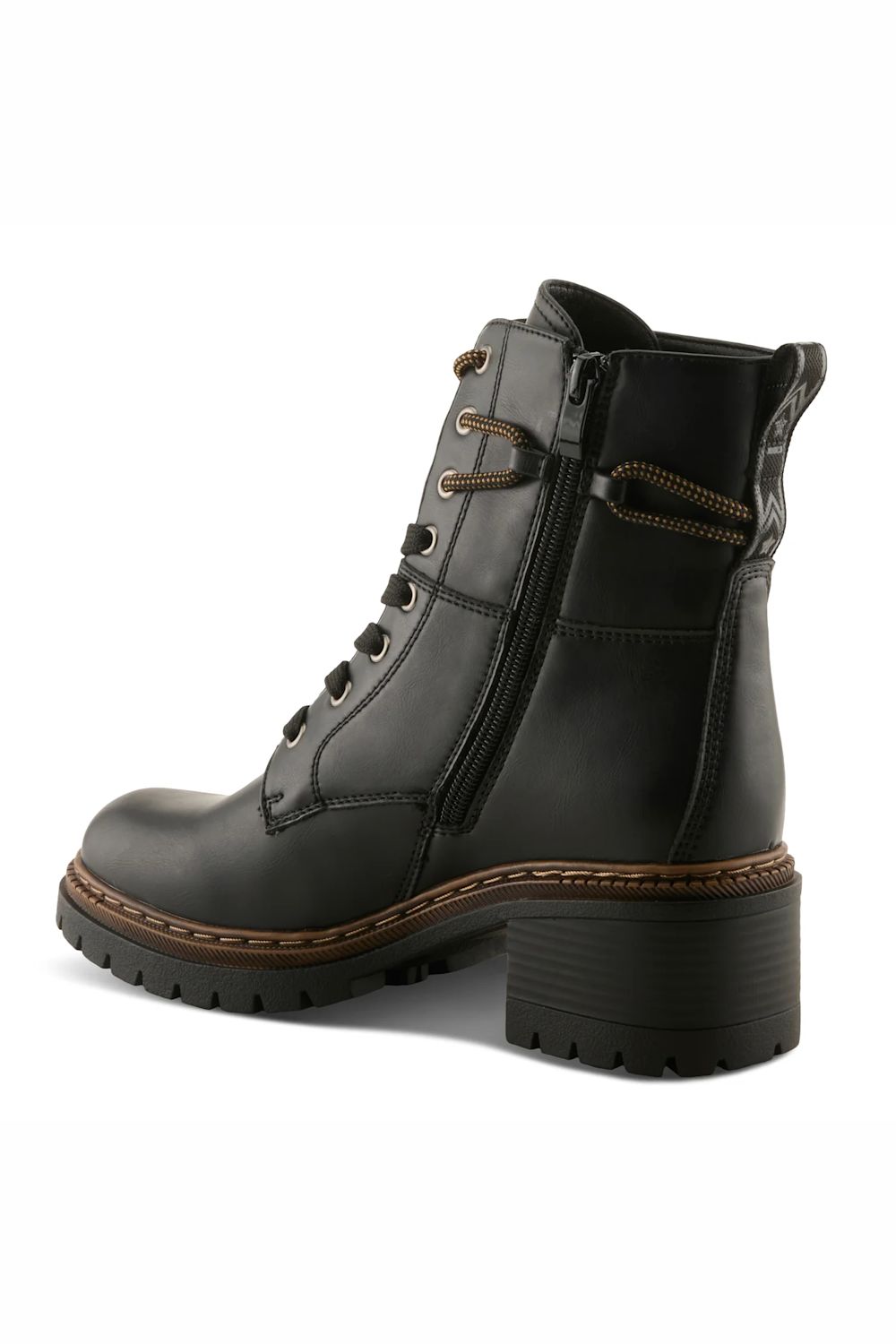 A black leather lace-up ankle boot with a side zipper, brown laces, and a chunky black block heel with a brown welt, shown from a three-quarters angle on a white background.
