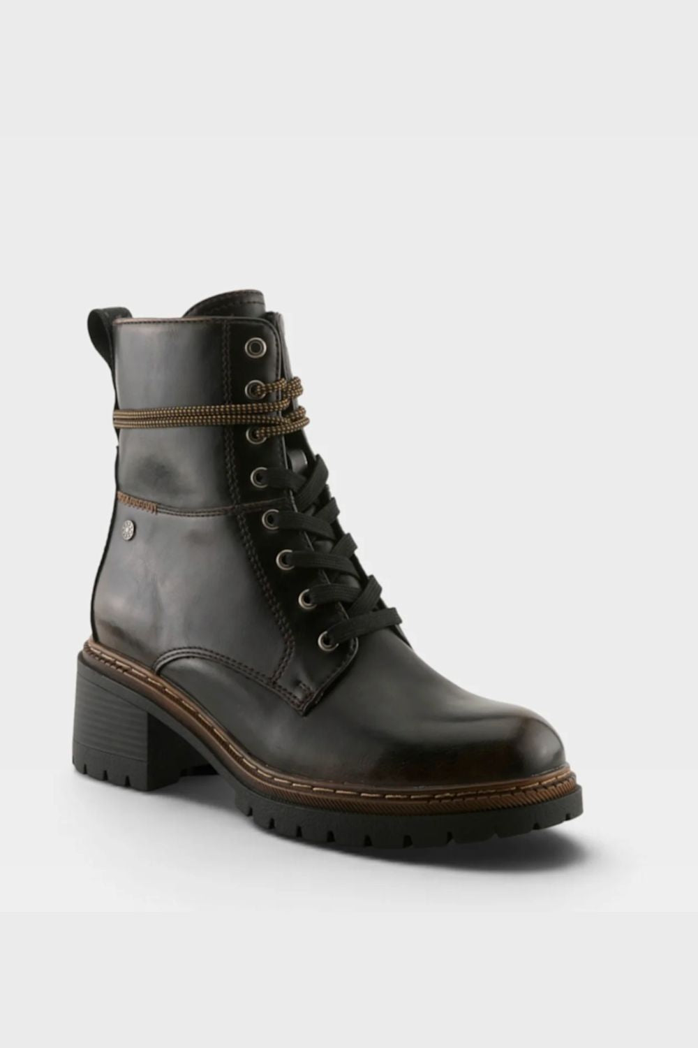 A black leather lace-up ankle boot with a chunky block heel, brown welt stitching, and a decorative brown strap detail near the collar, shown on a light gray background.