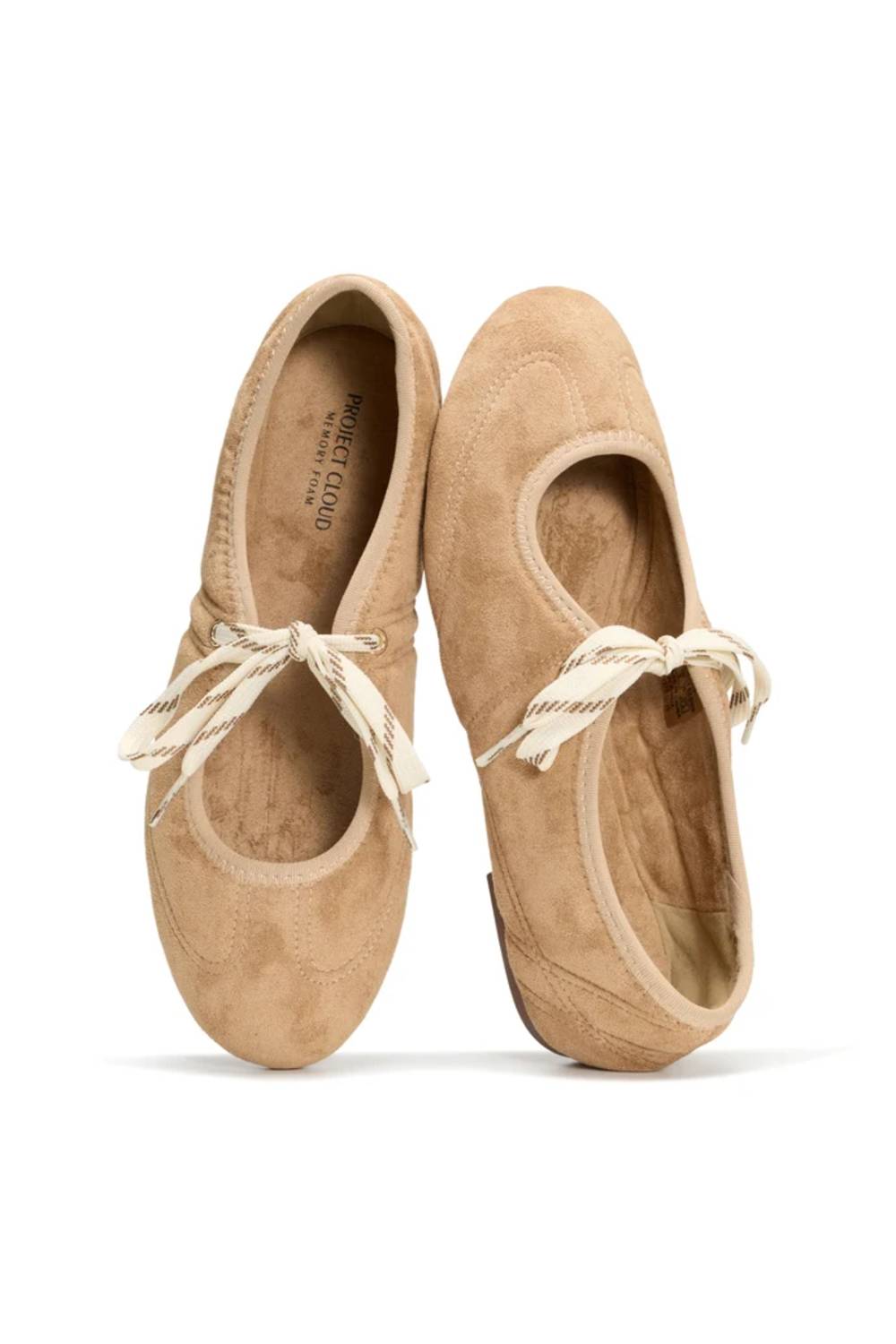 A pair of tan suede ballet flats with cream-colored rope laces, shown from a top-down view on a white background.