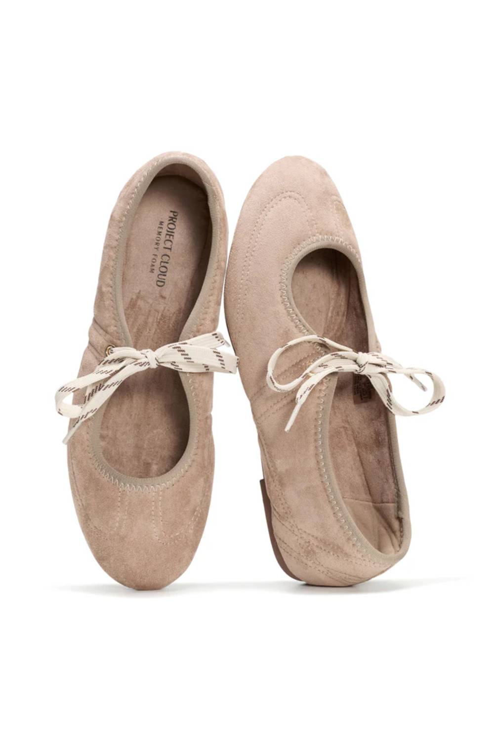 A pair of taupe suede ballet flats with cream rope laces, shown from a top-down view on a white background.