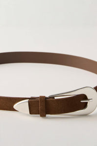 A close-up of a brown leather belt with a silver-tone metal buckle, shown on a clean white background.