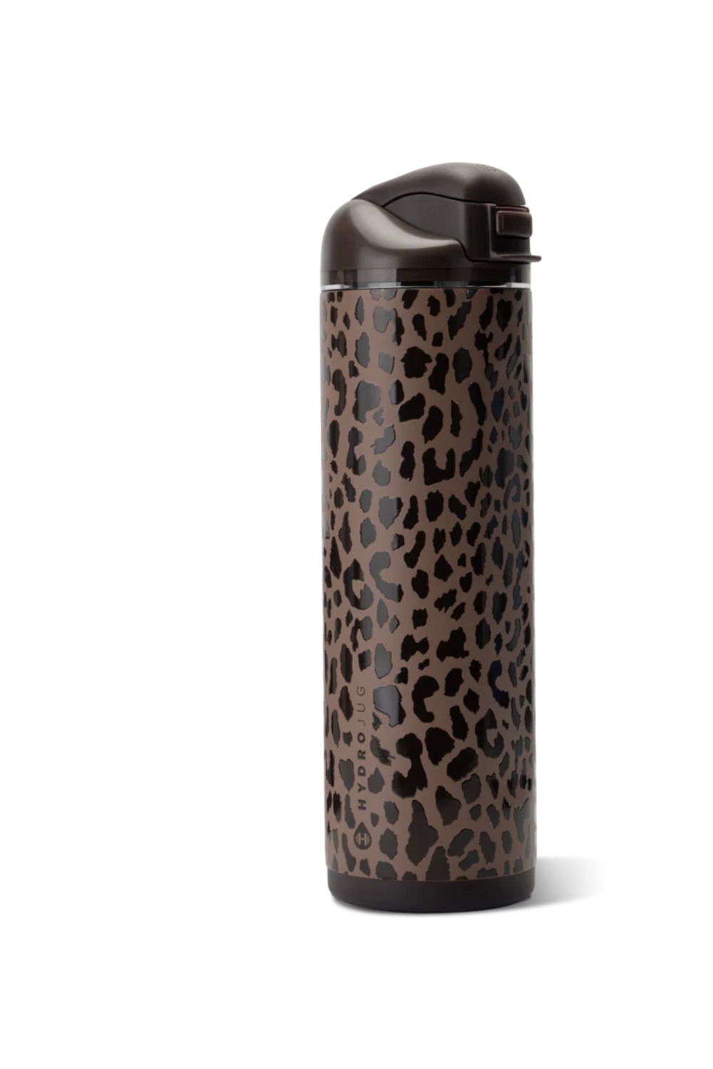 A tall, cylindrical insulated water bottle with a brown and black leopard print pattern and a dark brown flip-top lid, shown on a plain white background.