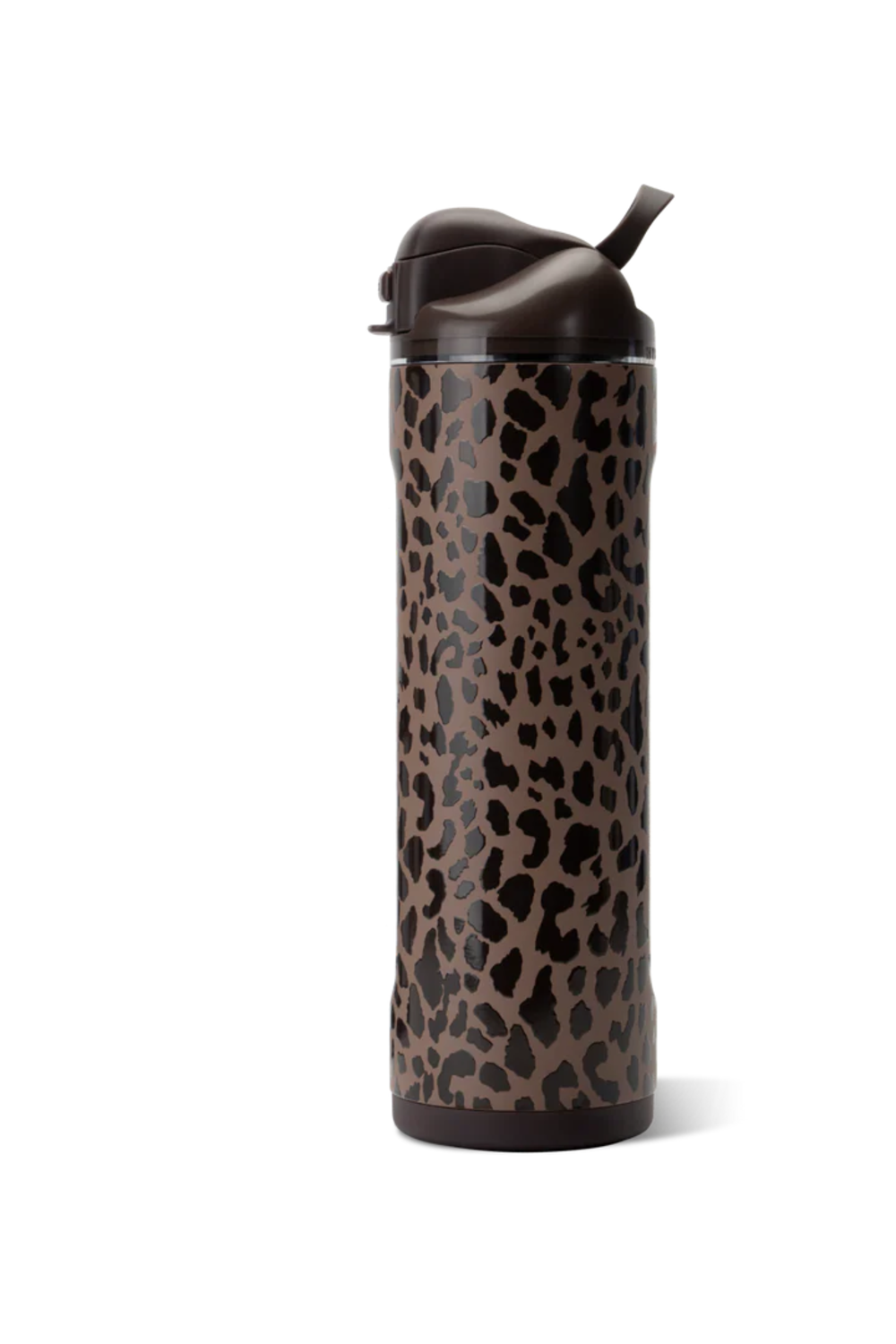 A tall insulated tumbler with a brown and black leopard print pattern and a dark brown flip-top lid, shown on a plain white background.