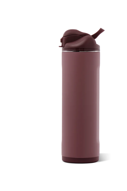 A tall, matte dark maroon insulated water bottle with a matching flip-top lid, shown on a clean white background.