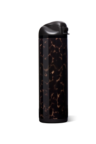 A tall, cylindrical insulated bottle with a black lid and a dark tortoiseshell pattern body, shown on a plain white background.