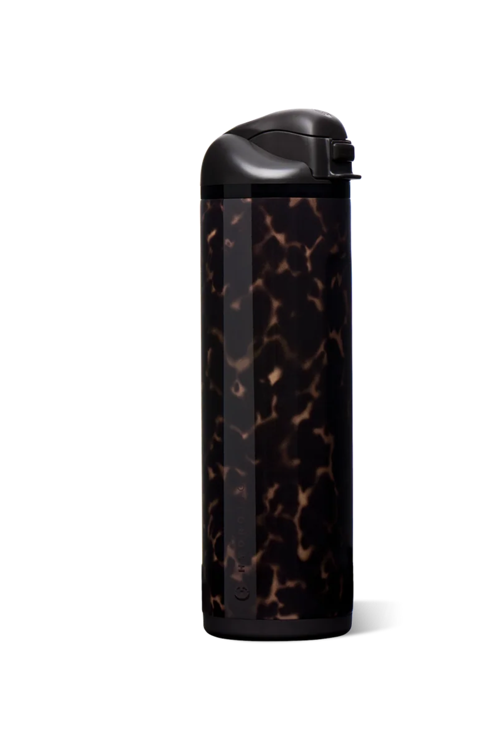 A tall, cylindrical insulated bottle with a black lid and a dark tortoiseshell pattern body, shown on a plain white background.