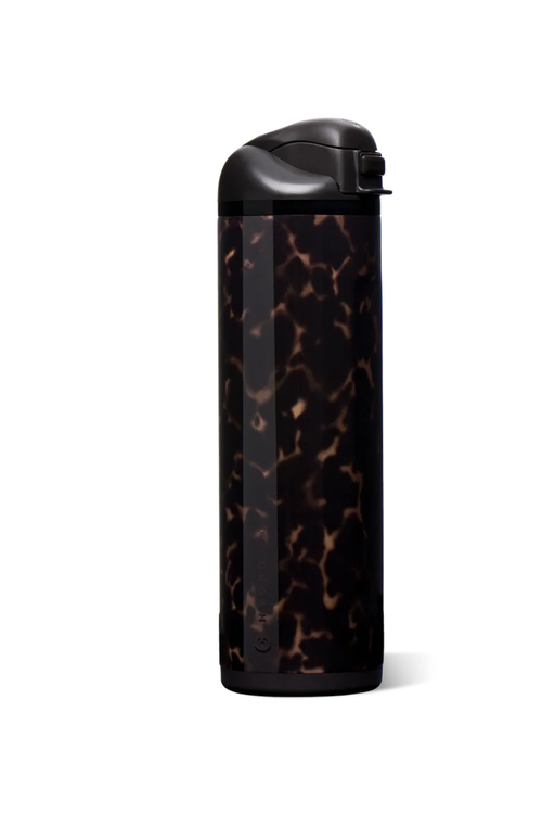 A tall, cylindrical insulated bottle with a black lid and a dark tortoiseshell pattern body, shown on a plain white background.