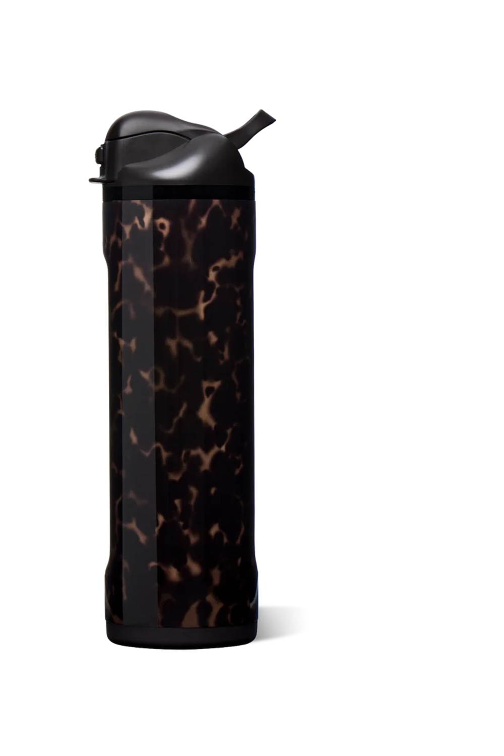 A tall, cylindrical insulated bottle with a black lid and a dark tortoiseshell pattern body, shown on a plain white background.