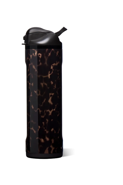 A tall, cylindrical insulated bottle with a black lid and a dark tortoiseshell pattern body, shown on a plain white background.