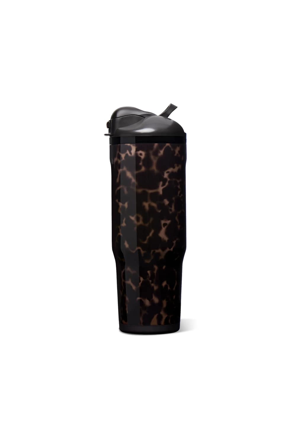 A tall travel tumbler with a black and brown tortoiseshell pattern, featuring a black lid with a straw, set against a plain white background.