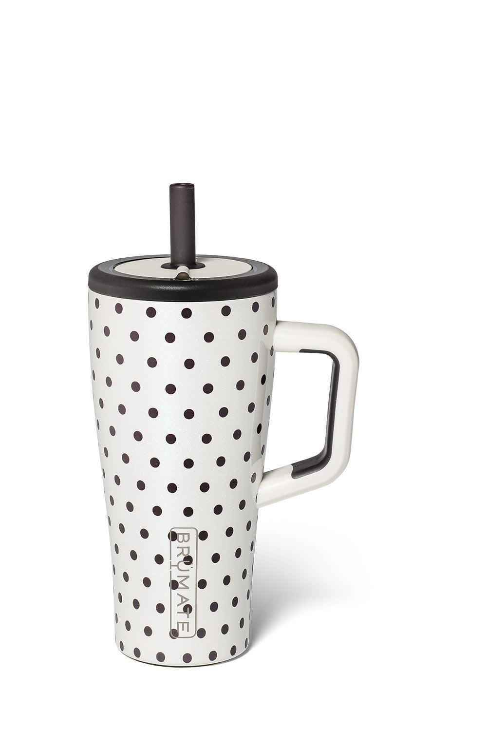 A white ceramic travel tumbler with black polka dots, a black lid, and a black straw, featuring a white handle
